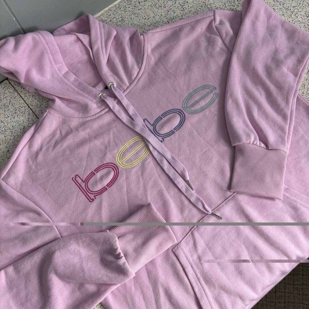 BEBE SPORT Women’s Pink Rainbow Spellout Pink Hoodie Athleisure Medium Top